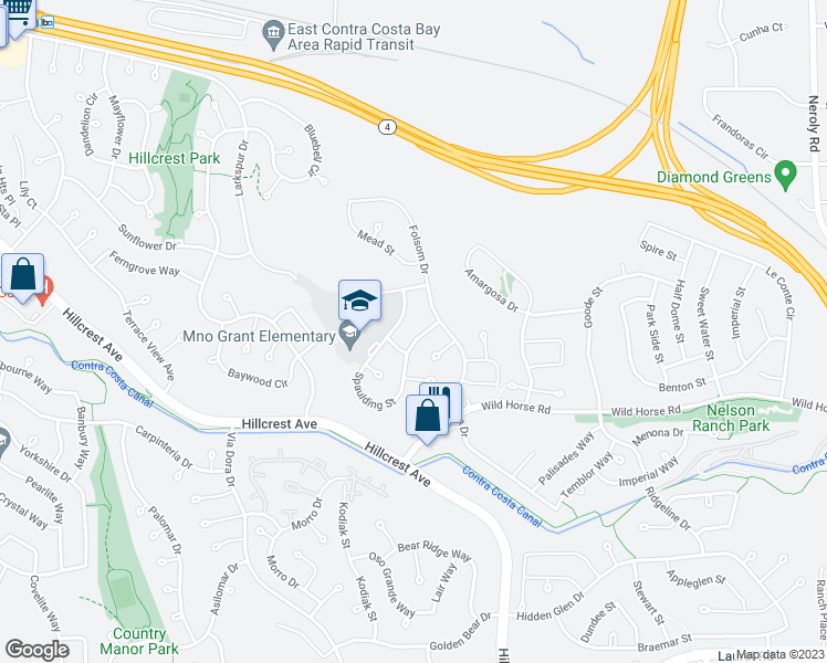 map of restaurants, bars, coffee shops, grocery stores, and more near 4116 Spaulding Street in Antioch