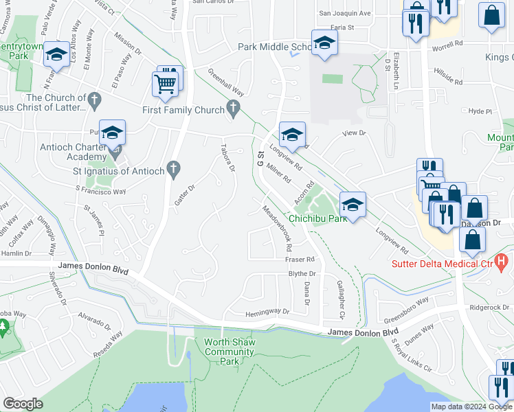 map of restaurants, bars, coffee shops, grocery stores, and more near 3300 Canim Court in Antioch