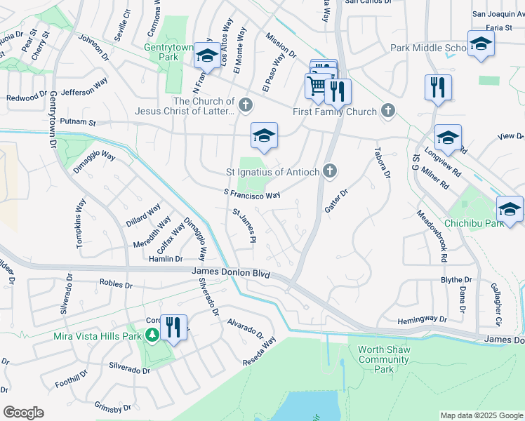 map of restaurants, bars, coffee shops, grocery stores, and more near 3462 Lexington Way in Antioch