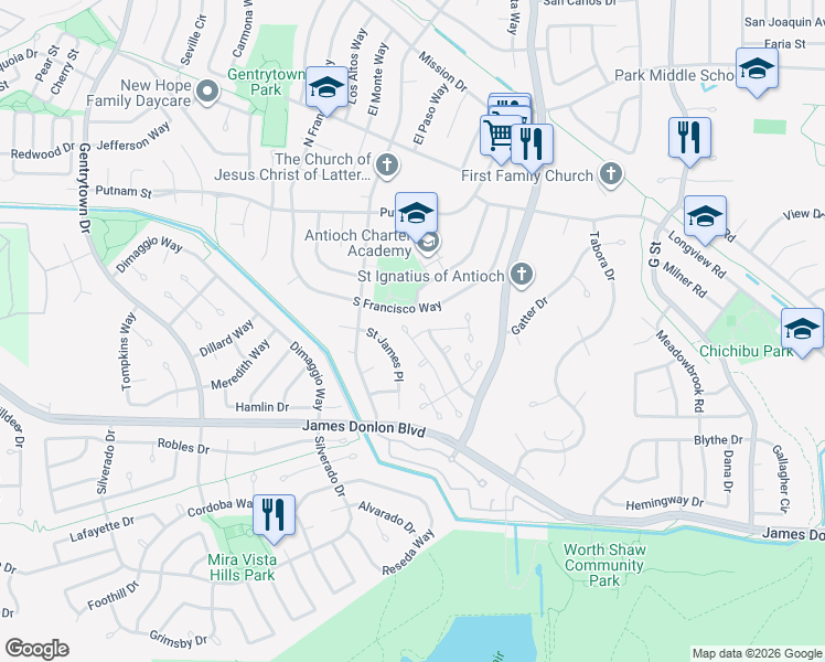 map of restaurants, bars, coffee shops, grocery stores, and more near 3462 Lexington Way in Antioch