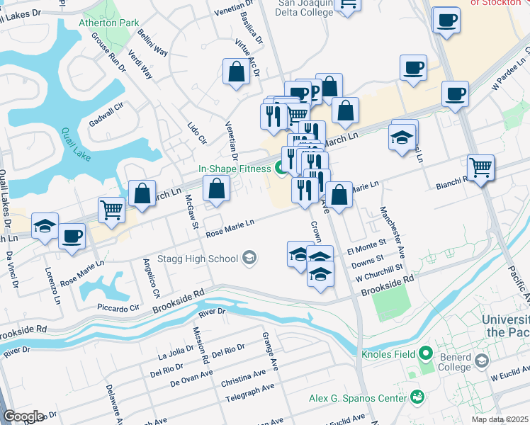 map of restaurants, bars, coffee shops, grocery stores, and more near 1545 Rosemarie Lane in Stockton