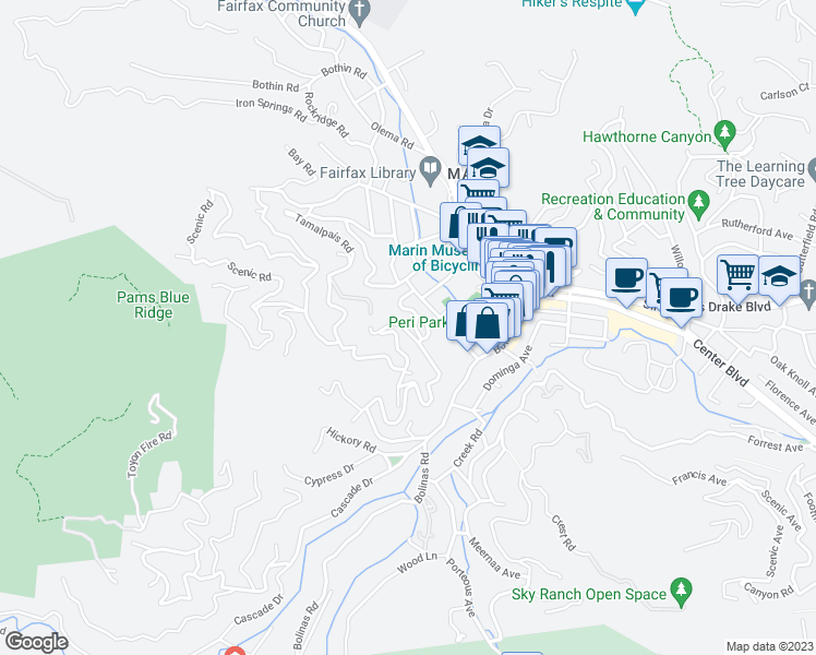 map of restaurants, bars, coffee shops, grocery stores, and more near 46 Wreden Avenue in Fairfax