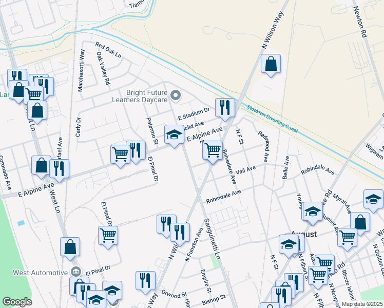 map of restaurants, bars, coffee shops, grocery stores, and more near 3160 Sanguinetti Lane in Stockton