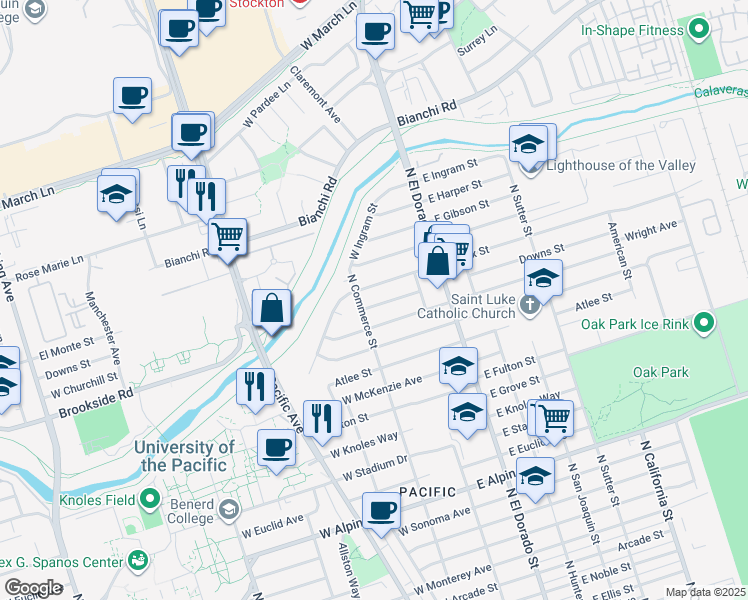 map of restaurants, bars, coffee shops, grocery stores, and more near 79 Downs Street in Stockton