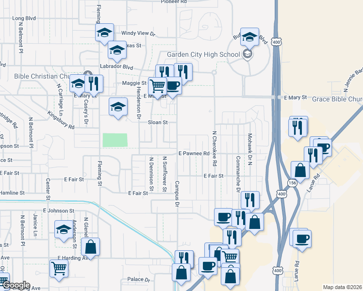 map of restaurants, bars, coffee shops, grocery stores, and more near 2205 North Arapahoe Drive in Garden City