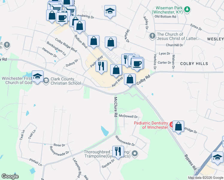 map of restaurants, bars, coffee shops, grocery stores, and more near 239 April Way in Winchester