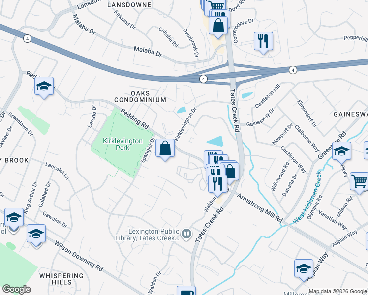 map of restaurants, bars, coffee shops, grocery stores, and more near 3216 Kirklevington Drive in Lexington