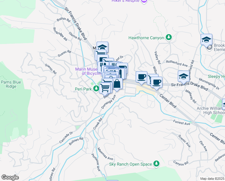 map of restaurants, bars, coffee shops, grocery stores, and more near 51 Bolinas Road in Fairfax