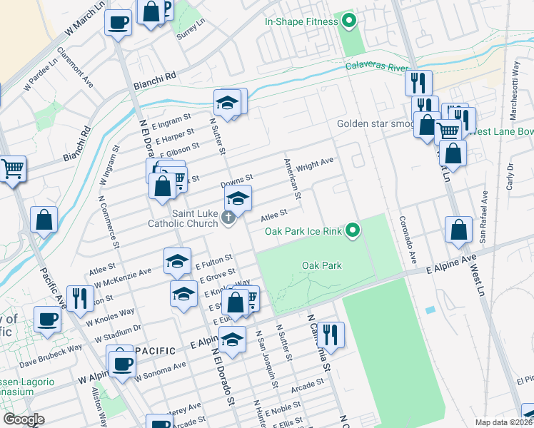 map of restaurants, bars, coffee shops, grocery stores, and more near 457 Atlee Street in Stockton