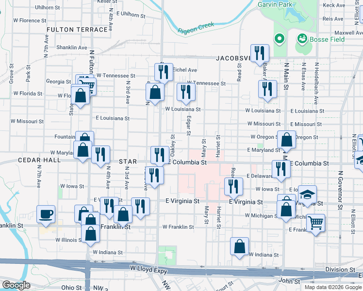 map of restaurants, bars, coffee shops, grocery stores, and more near 609 West Maryland Street in Evansville