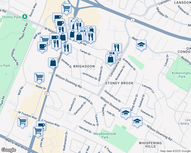 map of restaurants, bars, coffee shops, grocery stores, and more near 217 Inverness Dr in Lexington