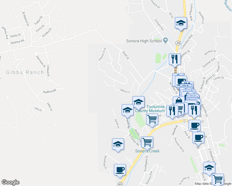 map of restaurants, bars, coffee shops, grocery stores, and more near 459 Alpine Lane in Sonora