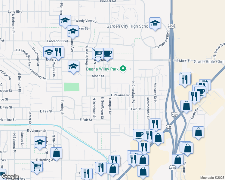 map of restaurants, bars, coffee shops, grocery stores, and more near 2205 North Arapahoe Drive in Garden City