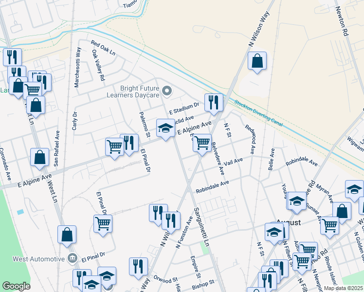 map of restaurants, bars, coffee shops, grocery stores, and more near 3160 Sanguinetti Lane in Stockton