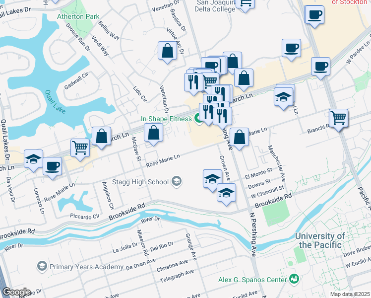 map of restaurants, bars, coffee shops, grocery stores, and more near 1545 Rosemarie Lane in Stockton