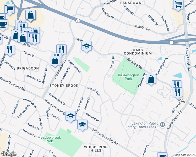 map of restaurants, bars, coffee shops, grocery stores, and more near 363 King Arthur Court in Lexington