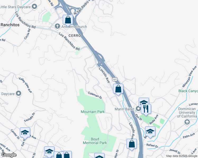map of restaurants, bars, coffee shops, grocery stores, and more near 318 Prospect Drive in San Rafael