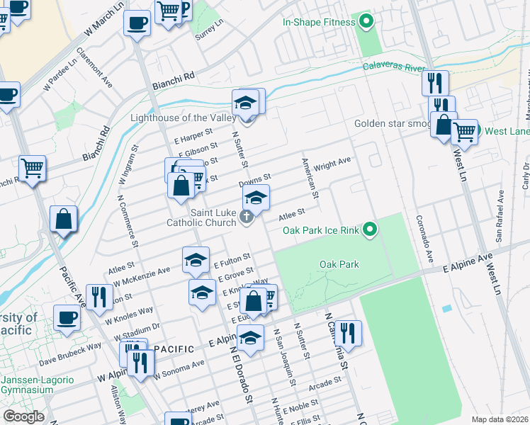 map of restaurants, bars, coffee shops, grocery stores, and more near 404 Barrymore Street East in Stockton