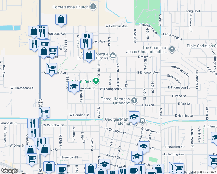 map of restaurants, bars, coffee shops, grocery stores, and more near 401 West Thompson Street in Garden City