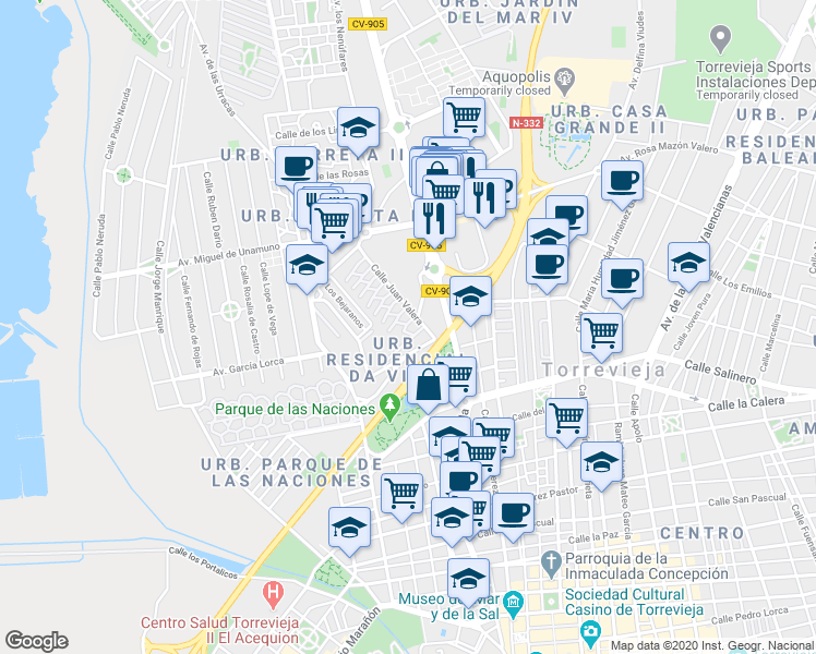 map of restaurants, bars, coffee shops, grocery stores, and more near 5 Calle Zafiro in Torrevieja