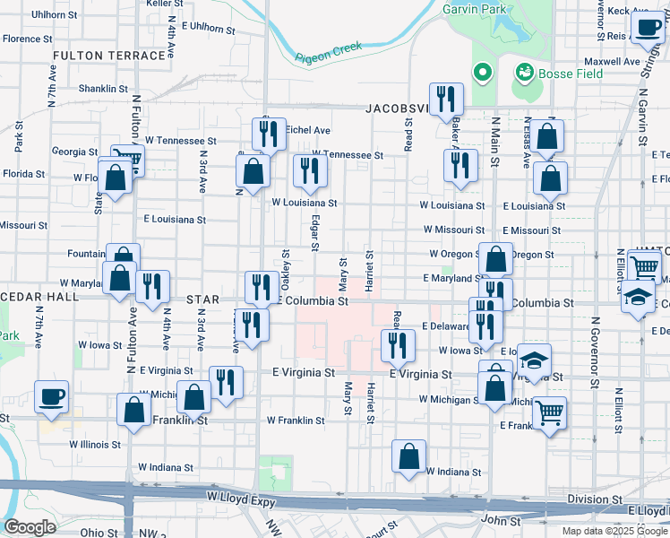 map of restaurants, bars, coffee shops, grocery stores, and more near 906 Mary Street in Evansville