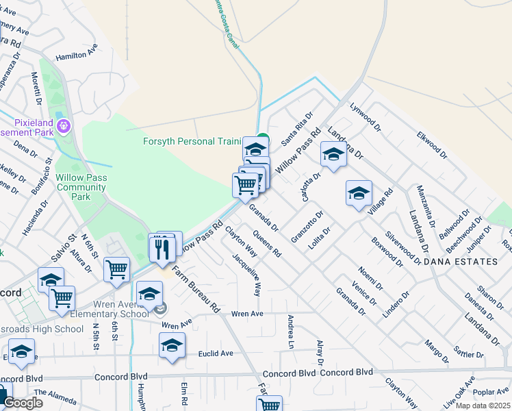 map of restaurants, bars, coffee shops, grocery stores, and more near 1896 Granada Drive in Concord