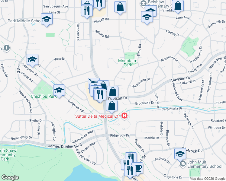 map of restaurants, bars, coffee shops, grocery stores, and more near 46 El Capitan Lane in Antioch