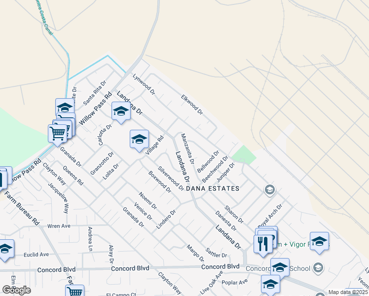map of restaurants, bars, coffee shops, grocery stores, and more near 1829 Manzanita Drive in Concord