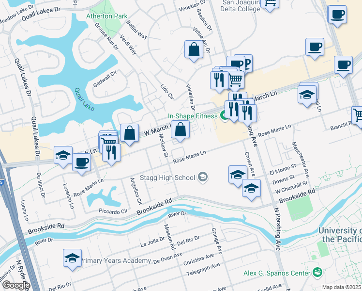 map of restaurants, bars, coffee shops, grocery stores, and more near 1746 Grand Canal Boulevard in Stockton