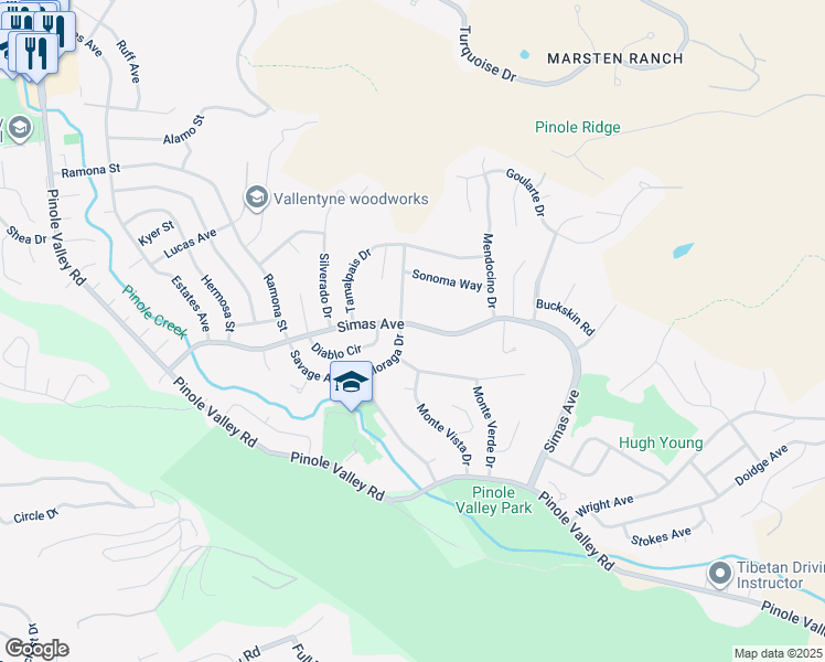 map of restaurants, bars, coffee shops, grocery stores, and more near 2616 Simas Avenue in Pinole