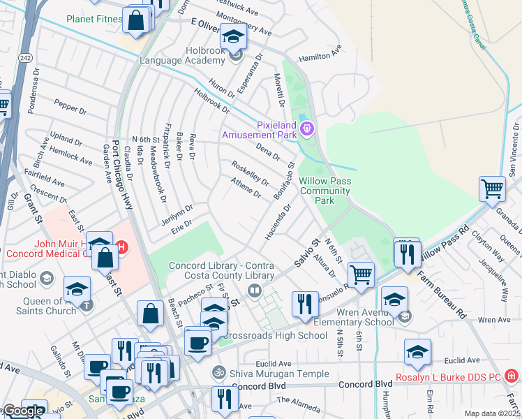 map of restaurants, bars, coffee shops, grocery stores, and more near 3075 Bonifacio Street in Concord