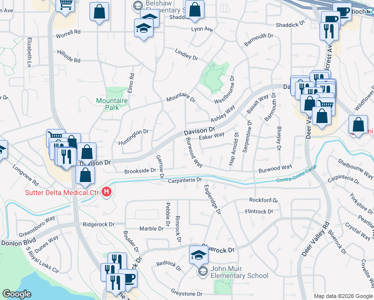 map of restaurants, bars, coffee shops, grocery stores, and more near 521 Burwood Way in Antioch