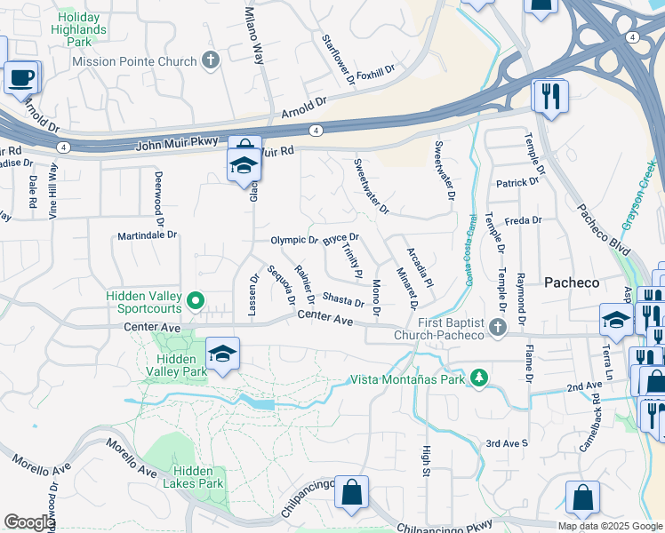 map of restaurants, bars, coffee shops, grocery stores, and more near 2133 Olympic Drive in Martinez