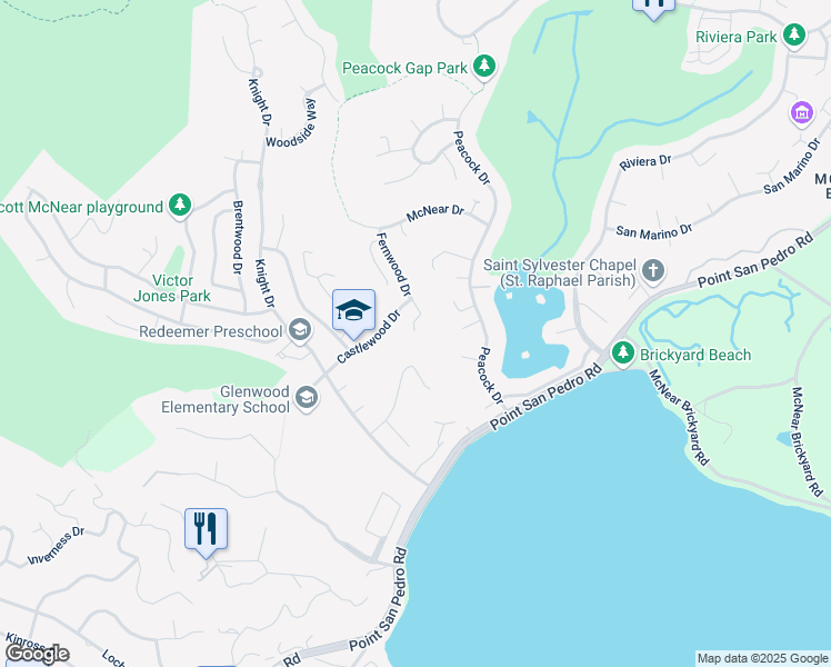 map of restaurants, bars, coffee shops, grocery stores, and more near 91 Fernwood Drive in San Rafael
