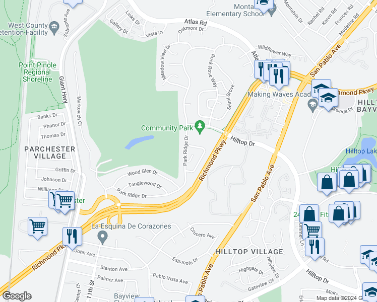 map of restaurants, bars, coffee shops, grocery stores, and more near 3520 Park Ridge Drive in Richmond
