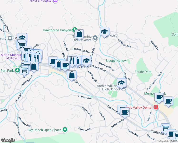 map of restaurants, bars, coffee shops, grocery stores, and more near 90 Medway Road in San Anselmo