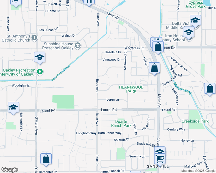 map of restaurants, bars, coffee shops, grocery stores, and more near 436 Clearwood Drive in Oakley