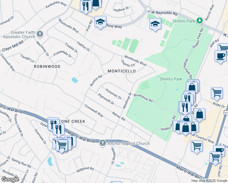 map of restaurants, bars, coffee shops, grocery stores, and more near 457 Potomac Drive in Lexington