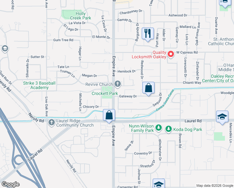 map of restaurants, bars, coffee shops, grocery stores, and more near 1940 Gateway Drive in Oakley