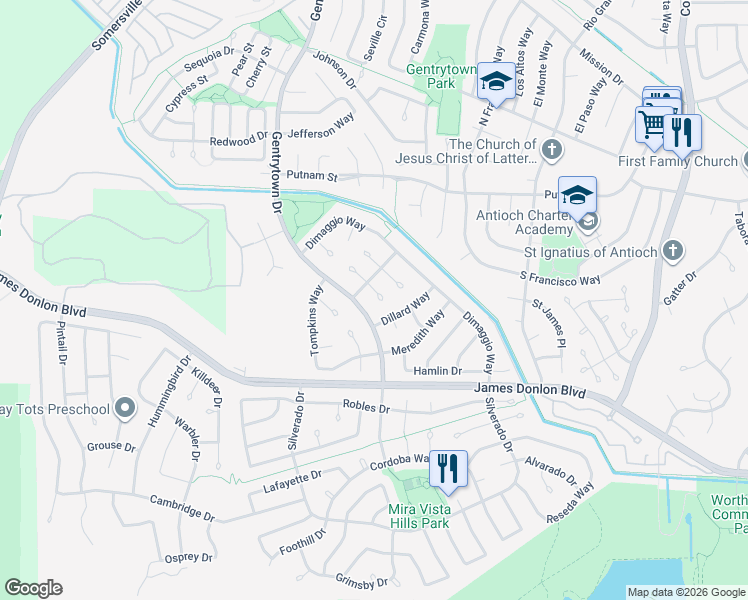 map of restaurants, bars, coffee shops, grocery stores, and more near 2229 Sherman Court in Antioch