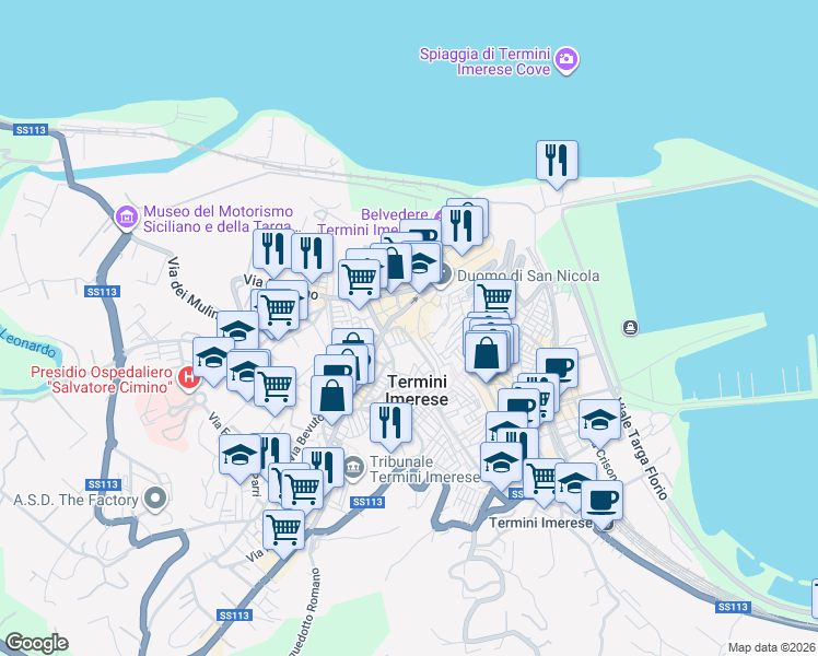 map of restaurants, bars, coffee shops, grocery stores, and more near 126 Via Roma in Termini Imerese