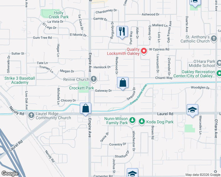 map of restaurants, bars, coffee shops, grocery stores, and more near 1820 Gateway Drive in Oakley