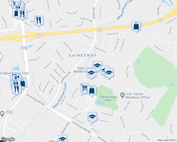 map of restaurants, bars, coffee shops, grocery stores, and more near 3506 Sutherland Drive in Lexington