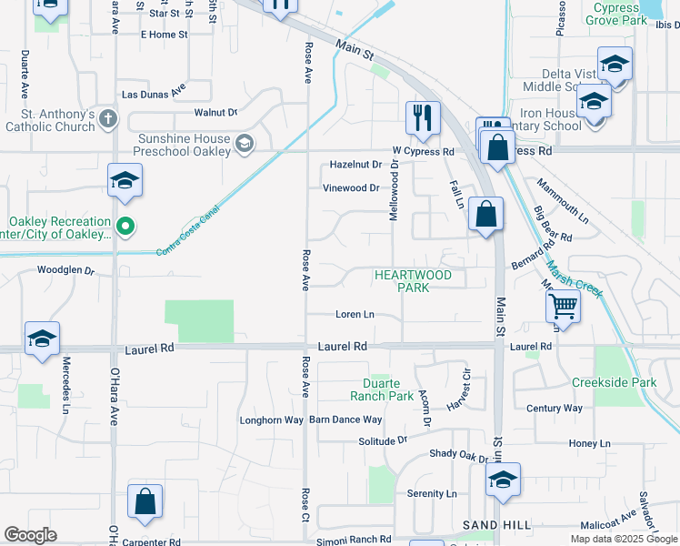 map of restaurants, bars, coffee shops, grocery stores, and more near 436 Clearwood Drive in Oakley
