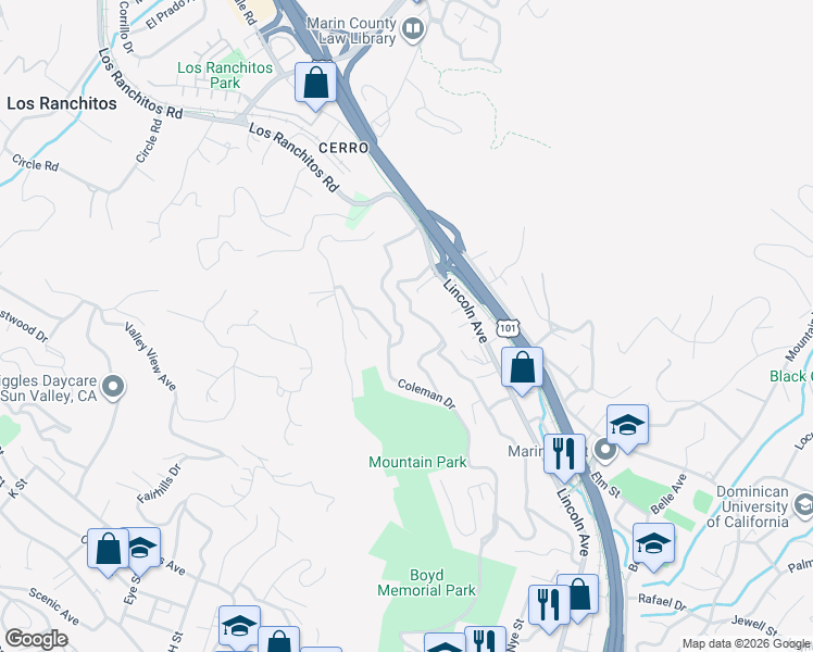 map of restaurants, bars, coffee shops, grocery stores, and more near 26 Fair Drive in San Rafael