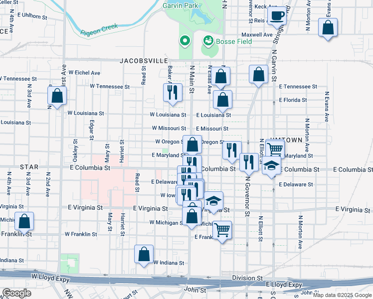 map of restaurants, bars, coffee shops, grocery stores, and more near 900 North Main Street in Evansville