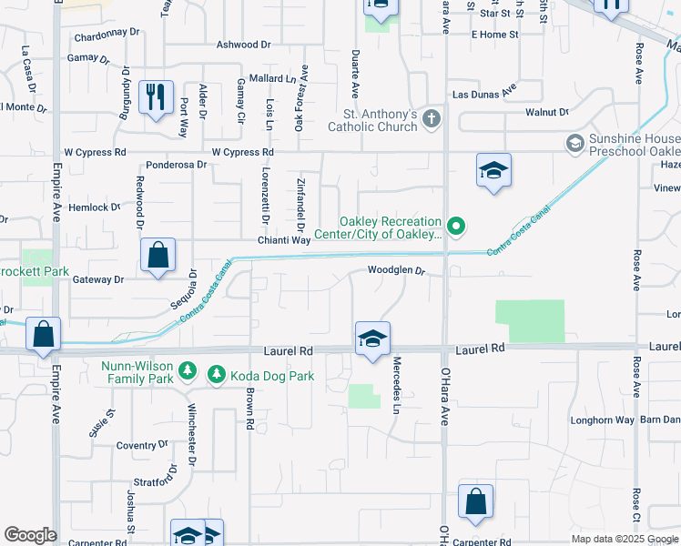 map of restaurants, bars, coffee shops, grocery stores, and more near 300 Woodview Place in Oakley