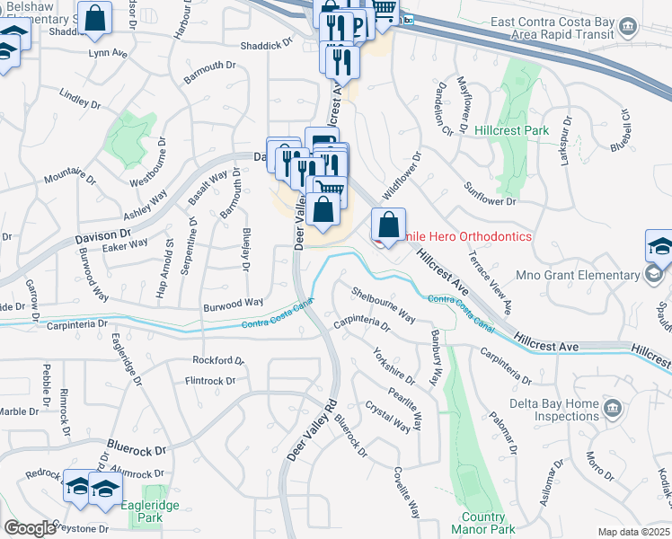 map of restaurants, bars, coffee shops, grocery stores, and more near 2302 Yorkshire Court in Antioch