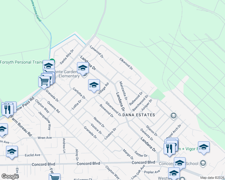 map of restaurants, bars, coffee shops, grocery stores, and more near 3861 Maplewood Court in Concord