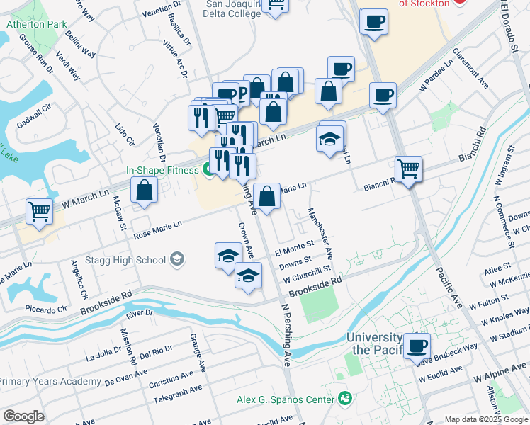 map of restaurants, bars, coffee shops, grocery stores, and more near 4418 North Pershing Avenue in Stockton